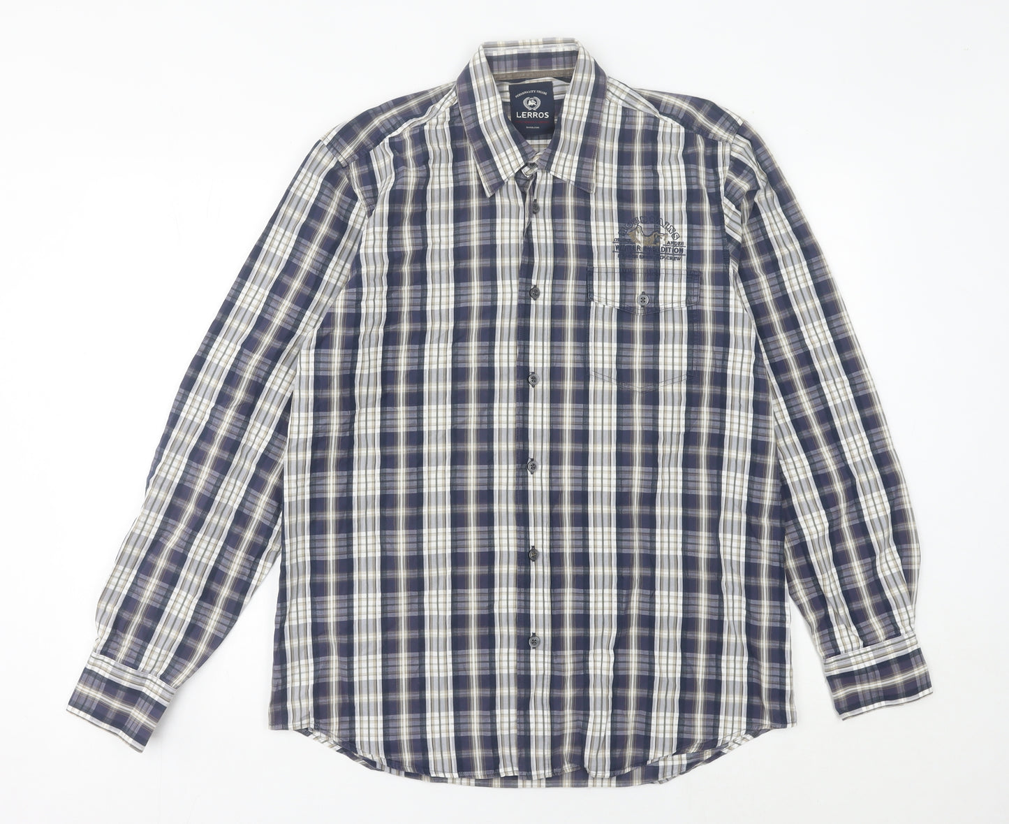 Lerros Men’s Blue Plaid Cotton Long Sleeve Button-Up Shirt M Regular Fit