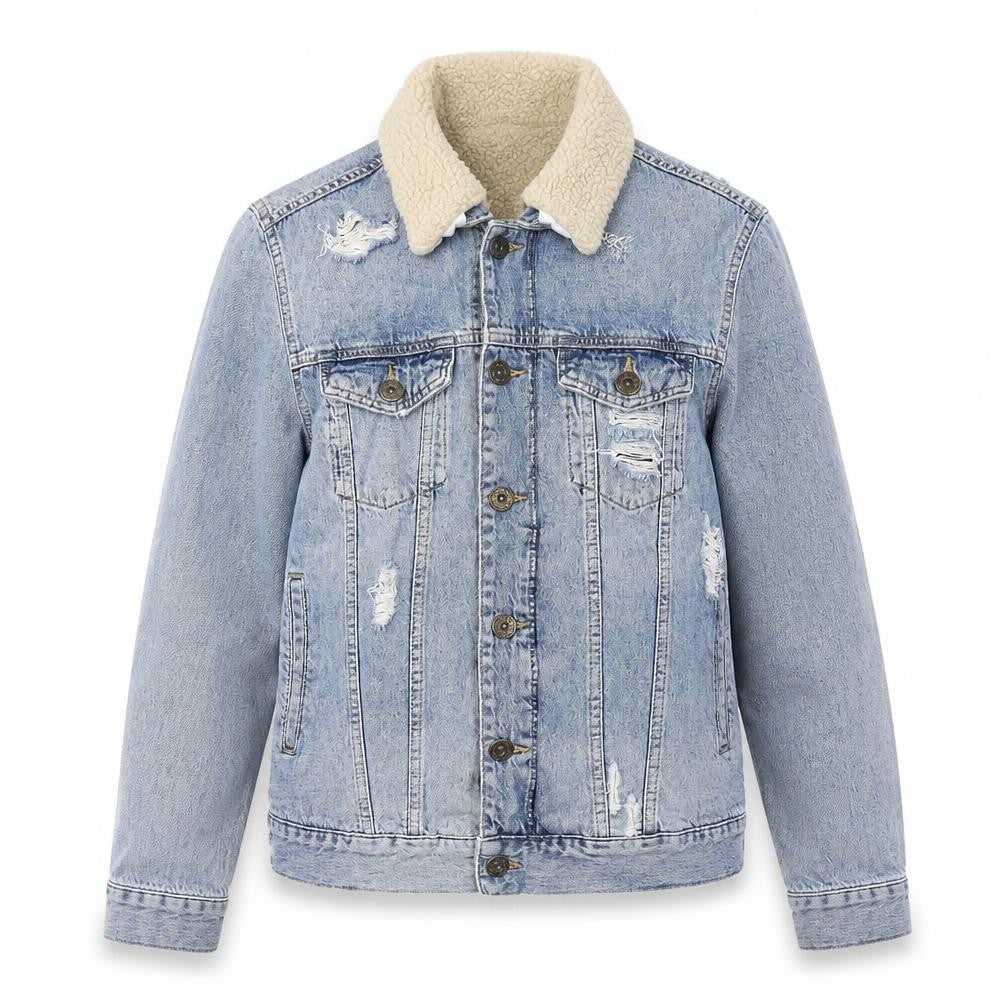 Front view of Condemned Nation women’s blue denim sherpa jacket, size S, distressed