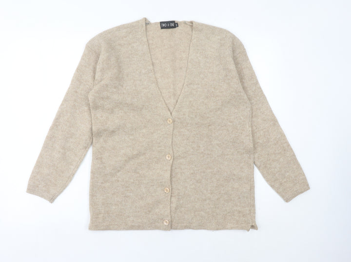 Two Plus One Women’s Beige Wool Cardigan S V-Neck Knit