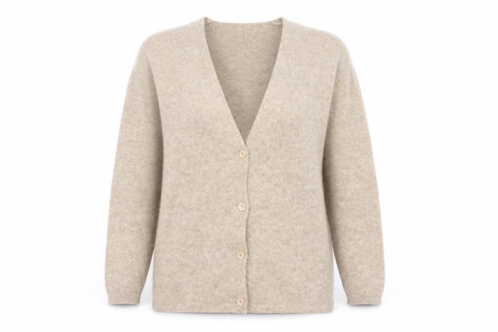 Front view of Two Plus One Women’s Beige Wool Cardigan S V-Neck Knit