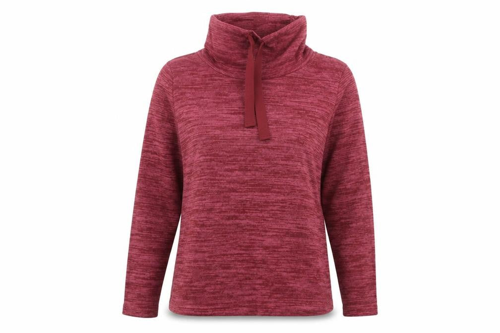 Front view of Isle women’s red long sleeve lounge top, size S, high neck