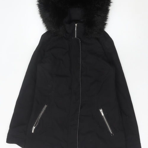 Miss Selfridge Womens Black Faux Fur Hooded Parka Coat Size 8