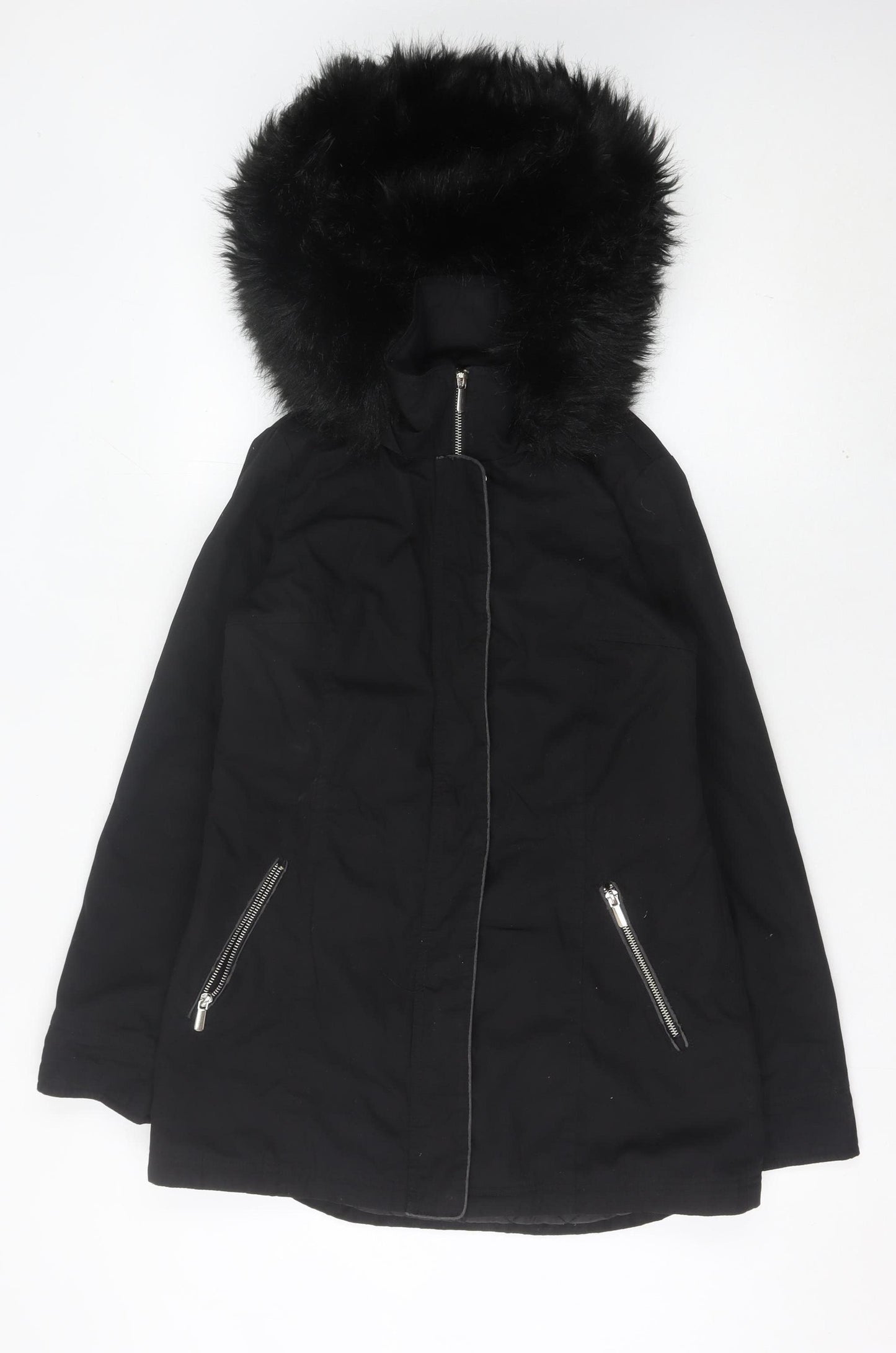 Miss Selfridge Womens Black Faux Fur Hooded Parka Coat Size 8
