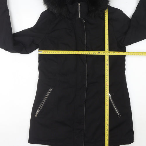 Miss Selfridge Womens Black Faux Fur Hooded Parka Coat Size 8