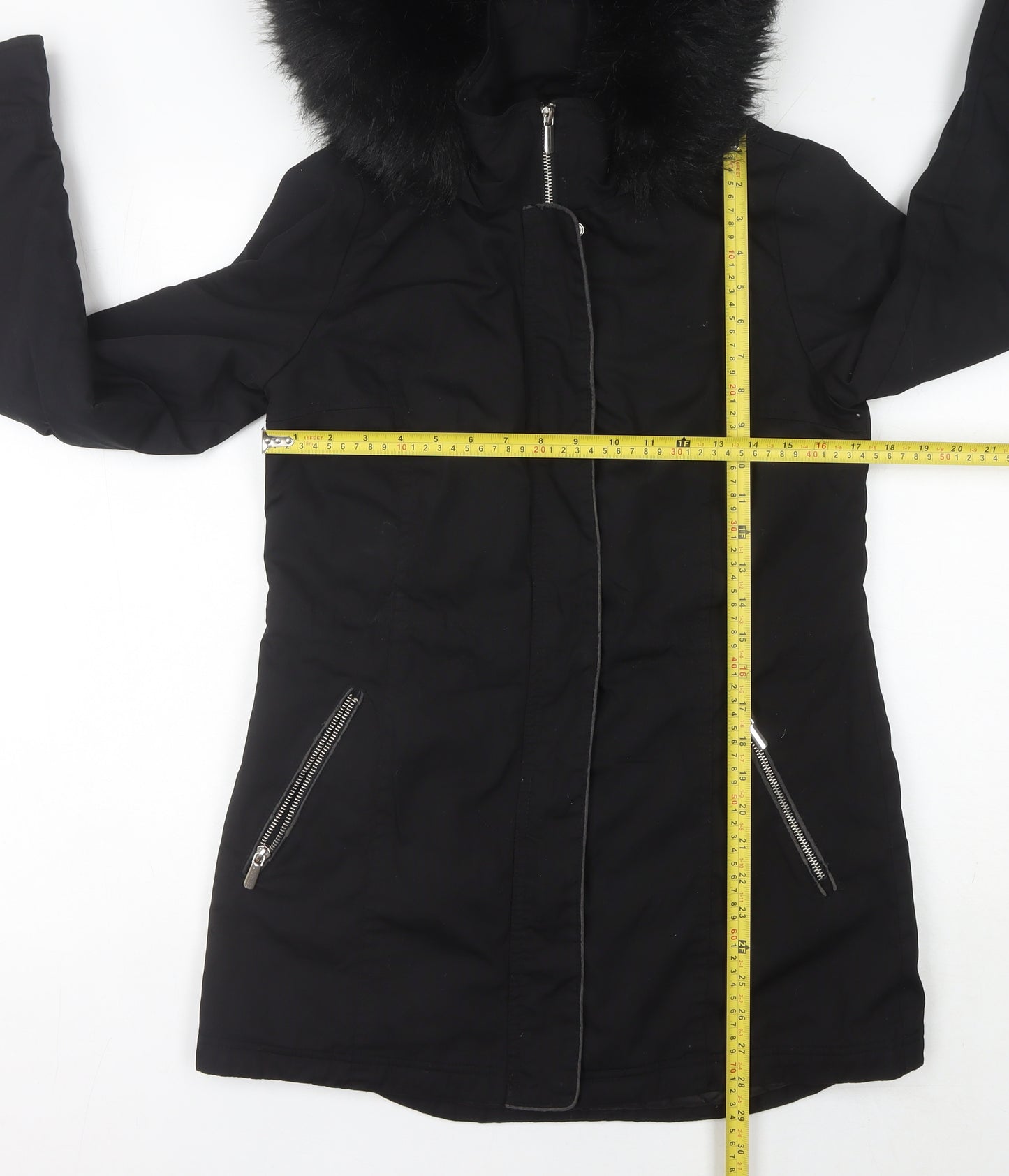 Miss Selfridge Womens Black Faux Fur Hooded Parka Coat Size 8