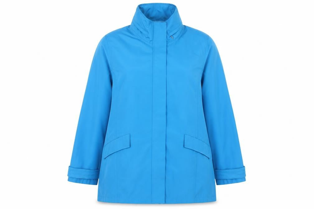 Front view of TIGI women’s blue mid-length waterproof rain coat, size UK 14