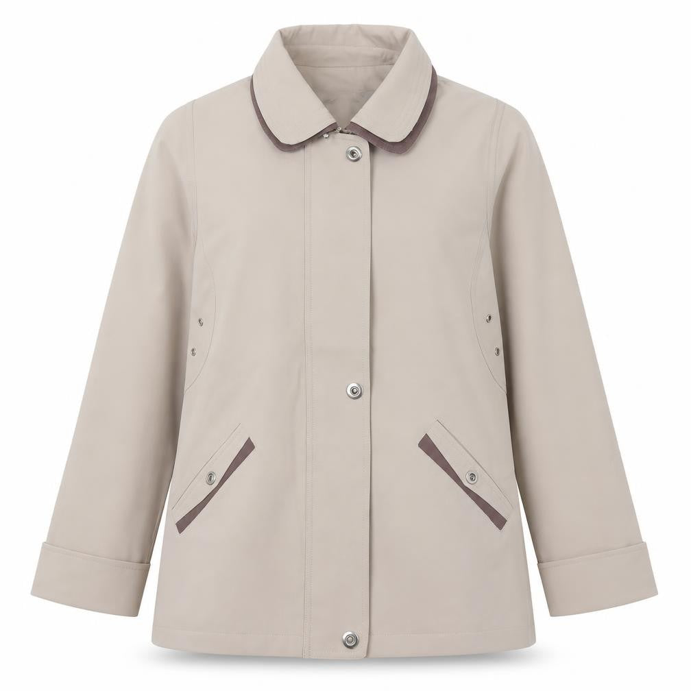 Front view of Finesse women’s beige rain coat, size UK 14, mid-length polyester jacket