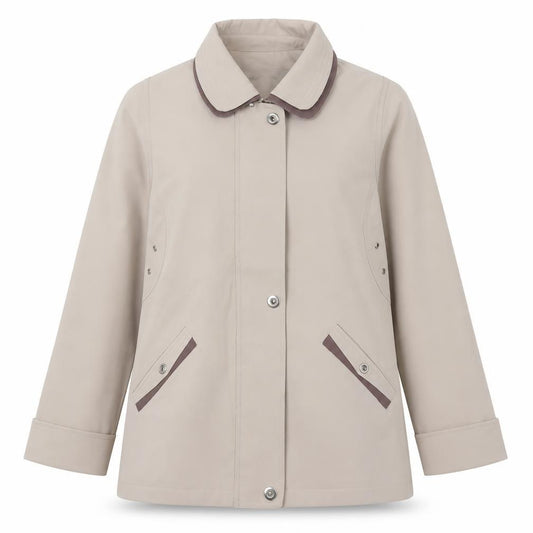 Front view of Finesse women’s beige rain coat, size UK 14, mid-length polyester jacket