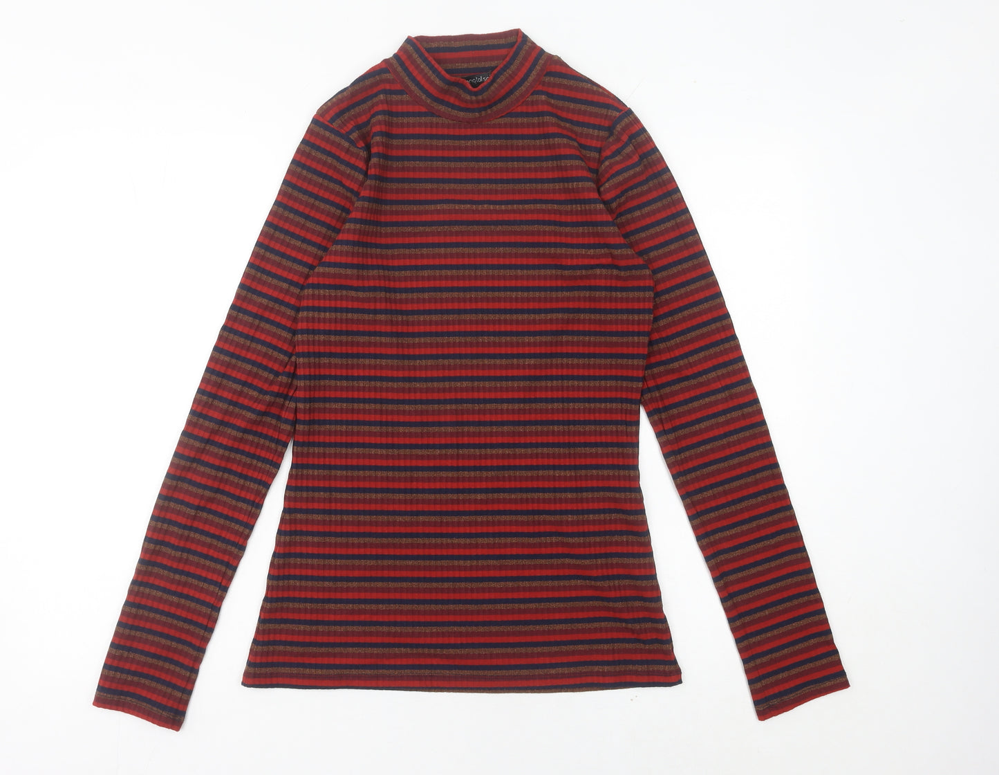 Long Tall Sally Womens Red Striped Mock Neck Long Sleeve Top Size S