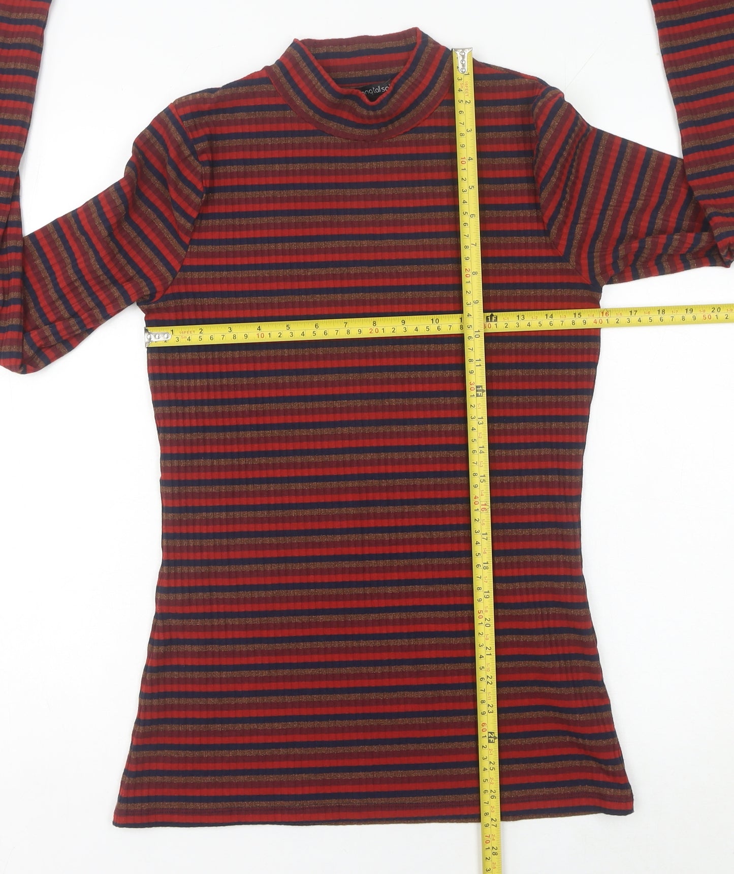 Long Tall Sally Womens Red Striped Mock Neck Long Sleeve Top Size S