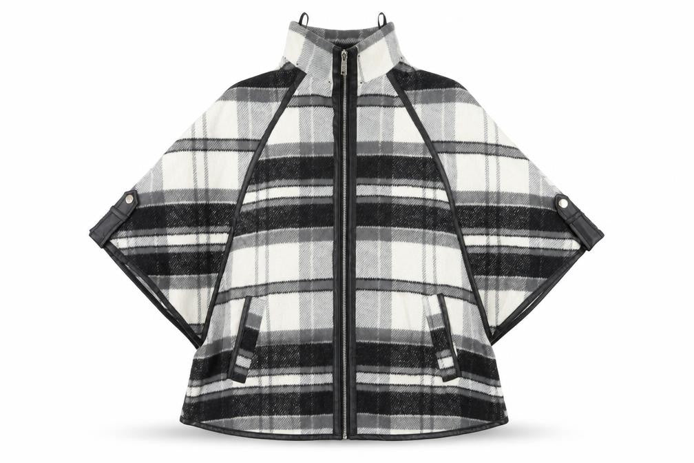 Front view of River Island Women’s Black Grey Plaid Cape Poncho XS