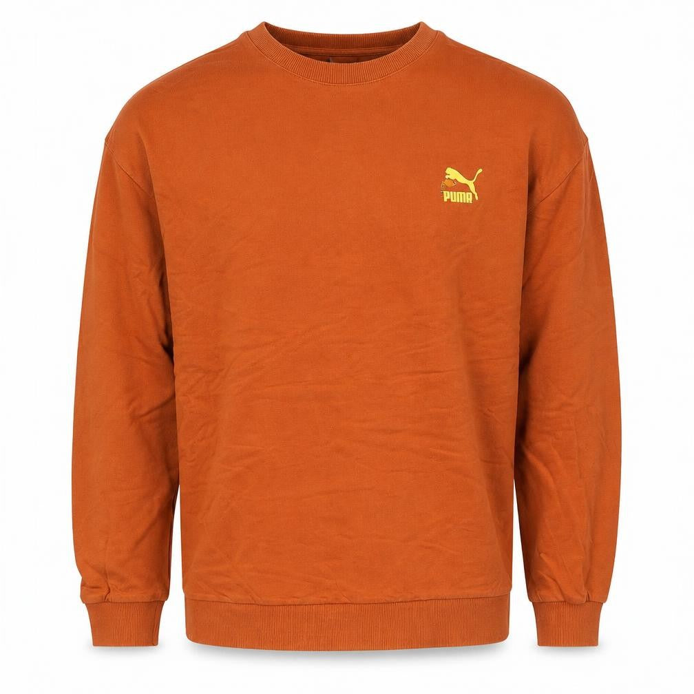 Front view of Puma men’s orange sweatshirt m crew neck graphic print pullover