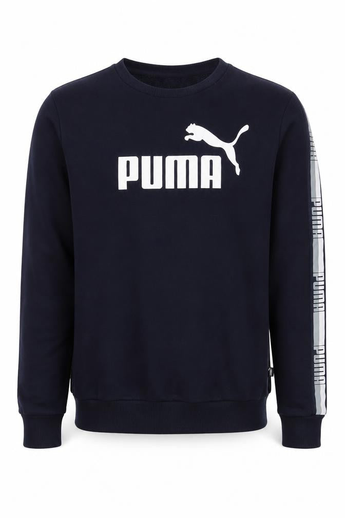 Front view of Puma Men’s Navy Blue Sweatshirt S Crew Neck Short Sleeve Pullover Logo