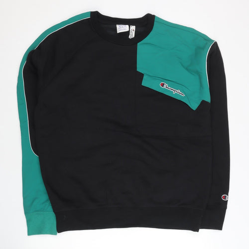Champion Mens Black Green Logo Sweatshirt Medium Cotton Pullover