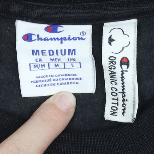 Champion Mens Black Green Logo Sweatshirt Medium Cotton Pullover