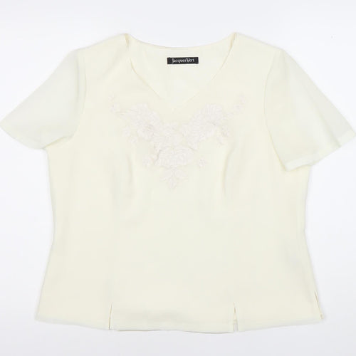 Jacques Vert Women Ivory Embroidered Blouse Size 14 V-Neck Top