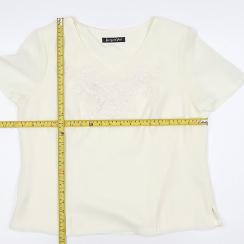 Jacques Vert Women Ivory Embroidered Blouse Size 14 V-Neck Top