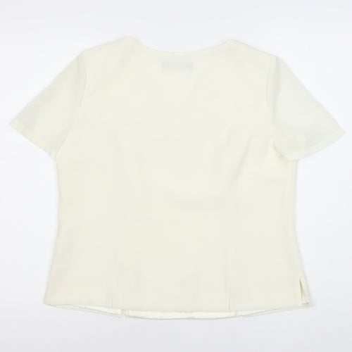 Jacques Vert Women Ivory Embroidered Blouse Size 14 V-Neck Top