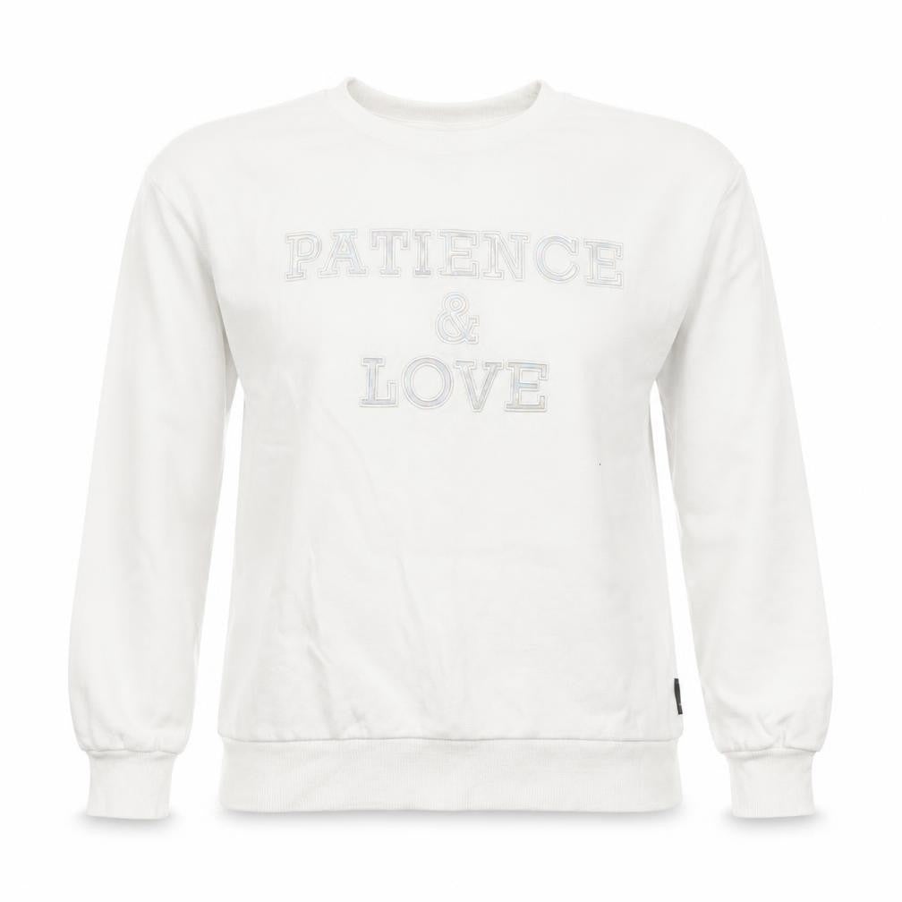 Front view of izzue Women White XS Pullover Sweatshirt Logo Patience & Love