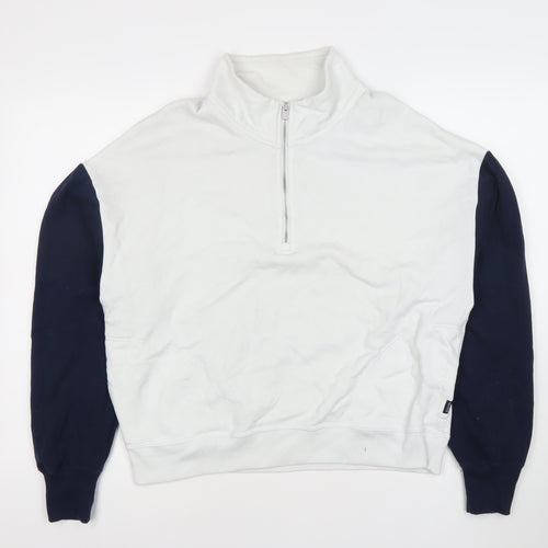 Hollister Womens White Navy Sweatshirt M 1/2 Zip Cotton Blend
