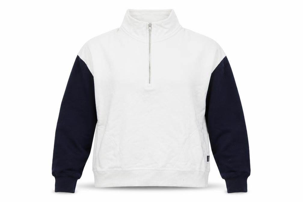 Hollister Womens White Navy Sweatshirt M 1/2 Zip Cotton Blend