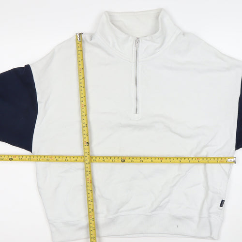 Hollister Womens White Navy Sweatshirt M 1/2 Zip Cotton Blend