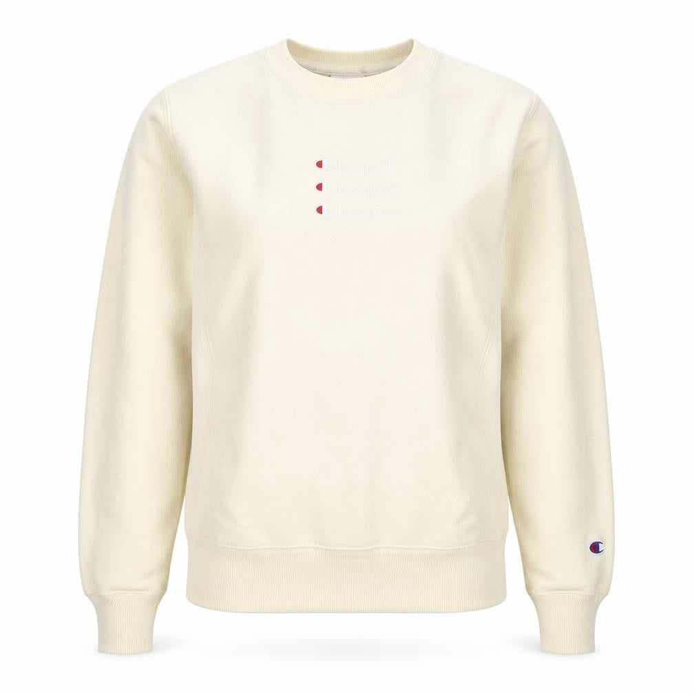 Front view of Champion women’s ivory xs pullover sweatshirt crew neck logo jumper