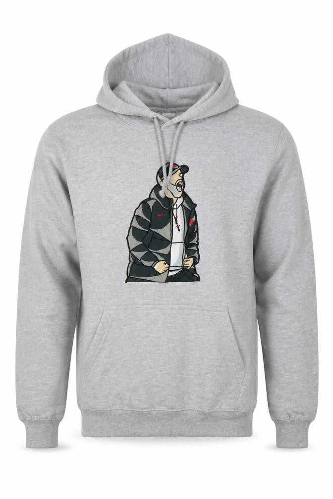 Front view of Just Hoods Men’s Grey Pullover Hoodie Small Hip Hop Embroidered Graphic