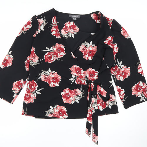 Primark Womens Black Floral Wrap Blouse Size 14 V-Neck 3/4 Sleeve