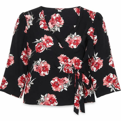 Primark Womens Black Floral Wrap Blouse Size 14 V-Neck 3/4 Sleeve