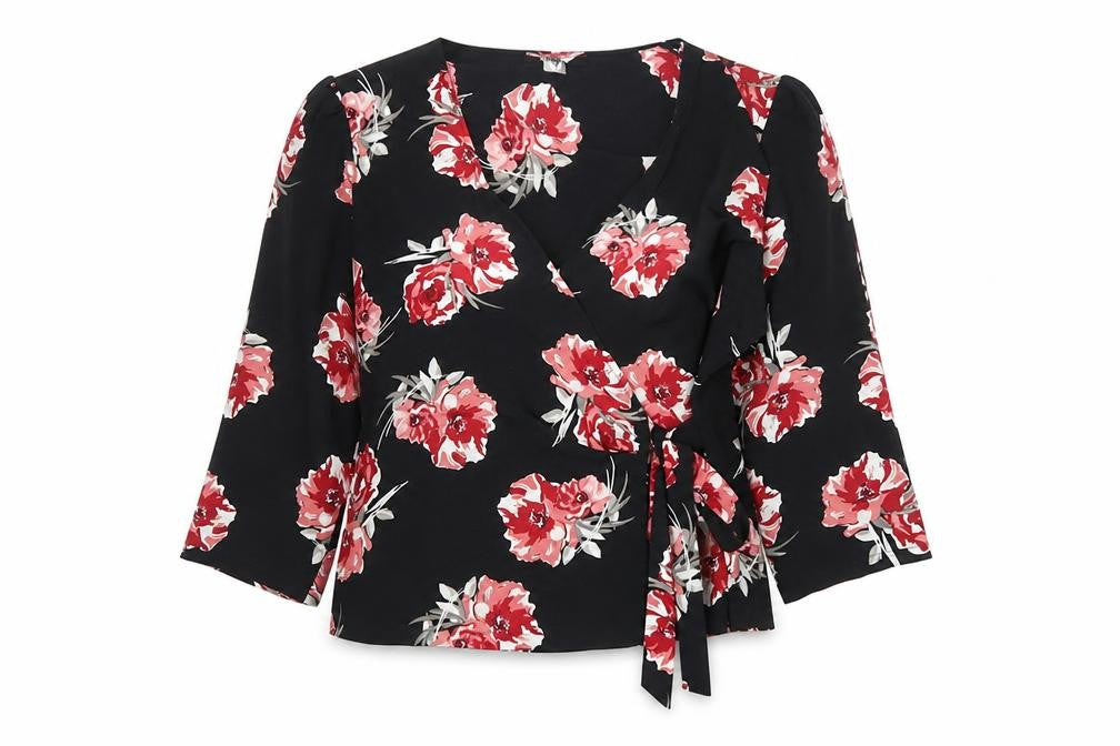 Primark Womens Black Floral Wrap Blouse Size 14 V-Neck 3/4 Sleeve
