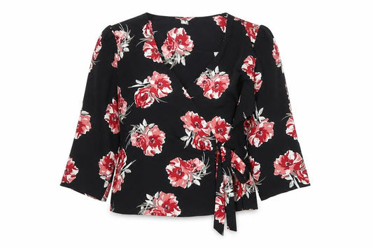 Front view of Primark women’s black floral wrap blouse, size UK 14, v-neck 3/4 sleeve