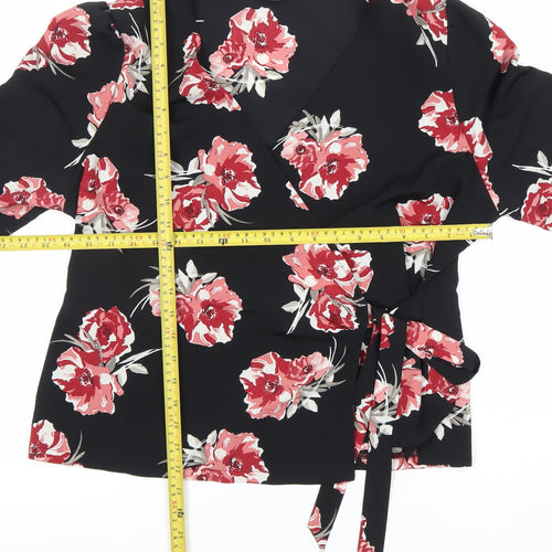 Primark Womens Black Floral Wrap Blouse Size 14 V-Neck 3/4 Sleeve