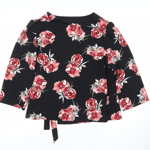 Primark Womens Black Floral Wrap Blouse Size 14 V-Neck 3/4 Sleeve