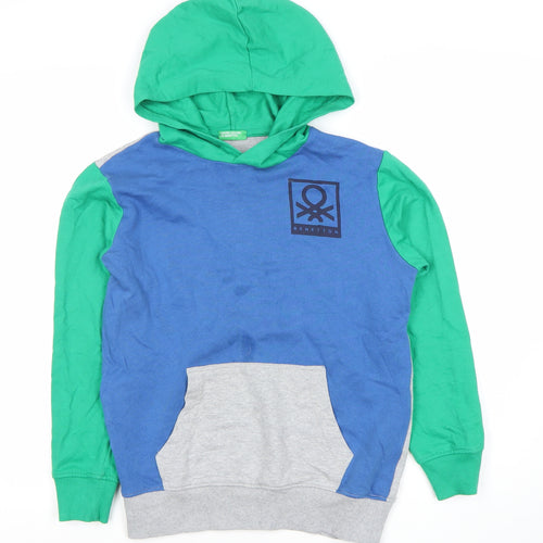 Benetton Boys Blue Green Grey Pullover Hoodie 10-11 Years Logo Casual