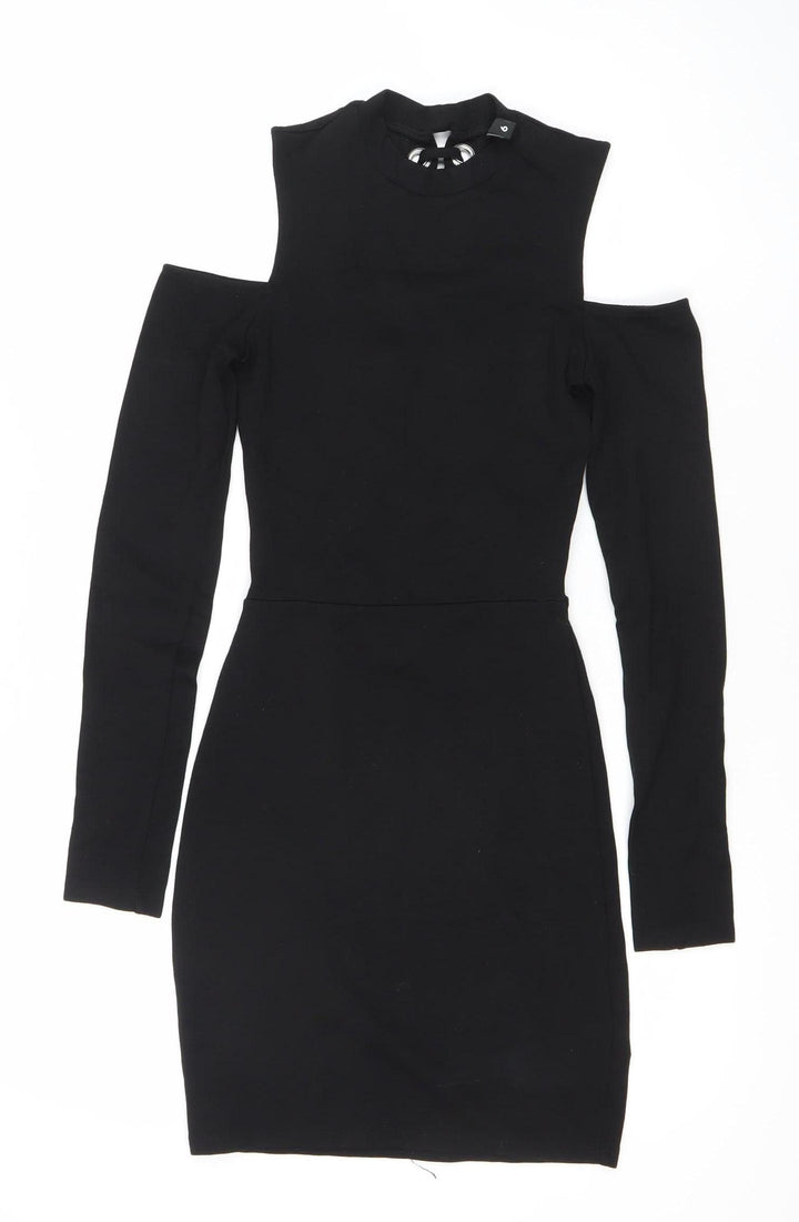 H&M Divided Women’s Black Bodycon Mini Dress Size 6 Lace Up Long Sleeve