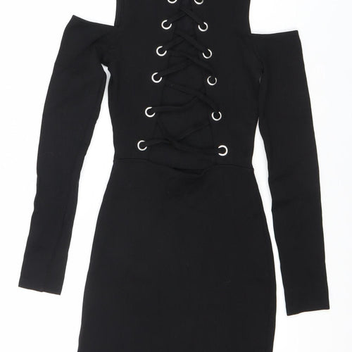 H&M Divided Women’s Black Bodycon Mini Dress Size 6 Lace Up Long Sleeve