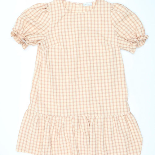Papaya Women’s Beige Check Shift Dress Size 12 Puff Sleeve Ruffle