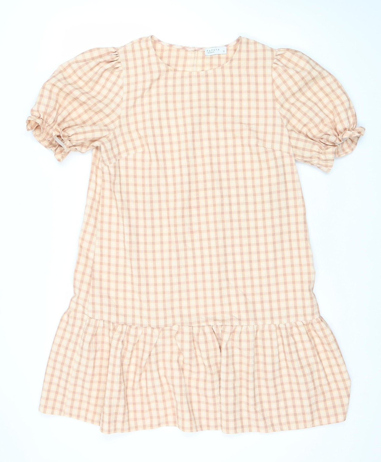 Papaya Women’s Beige Check Shift Dress Size 12 Puff Sleeve Ruffle