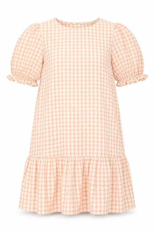 Front view of Papaya Women’s Beige Check Shift Dress, size UK 12, Puff Sleeve Ruffle