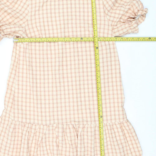 Papaya Women’s Beige Check Shift Dress Size 12 Puff Sleeve Ruffle