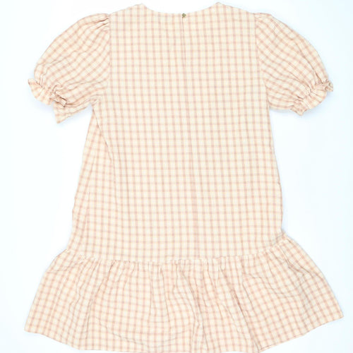 Papaya Women’s Beige Check Shift Dress Size 12 Puff Sleeve Ruffle