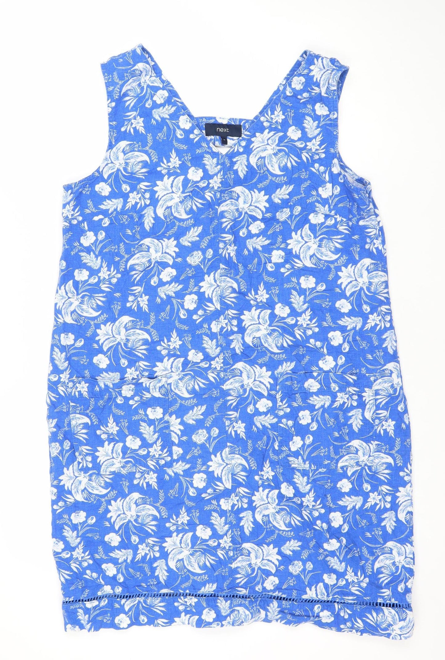 Next Women’s Blue Floral Linen Blend Shift Dress Size 14 Sleeveless