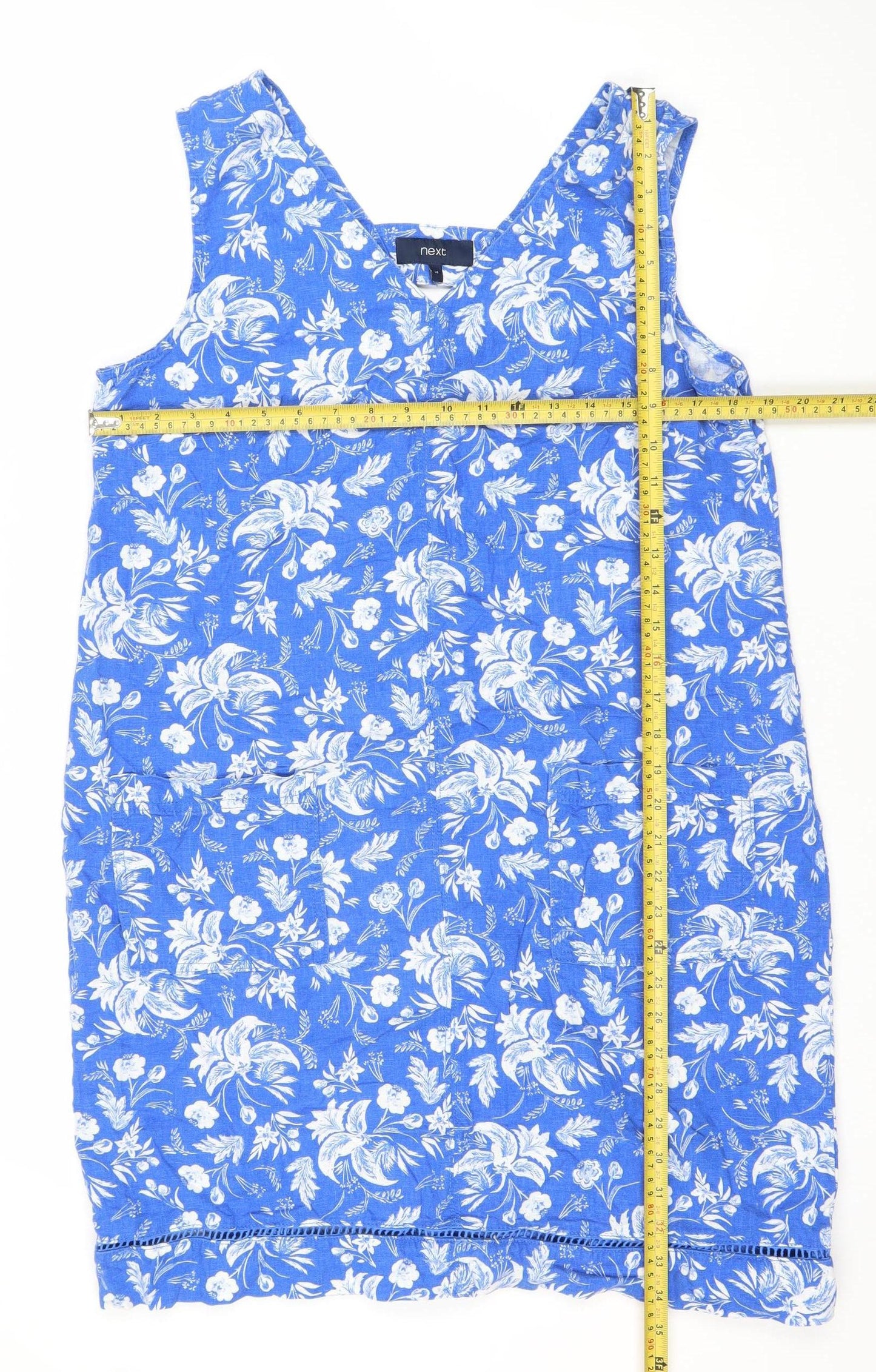 Next Women’s Blue Floral Linen Blend Shift Dress Size 14 Sleeveless