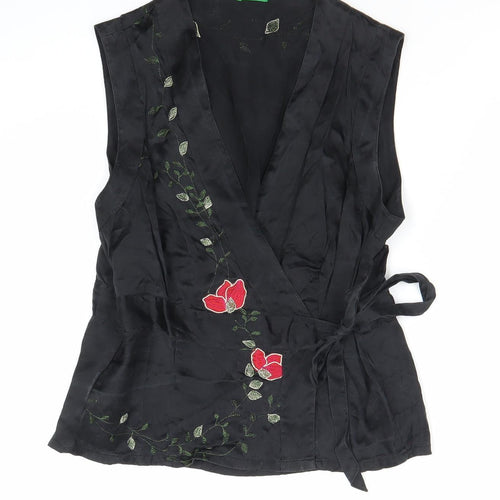 United Colors of Benetton Womens Black Silk Embroidered Wrap Blouse S