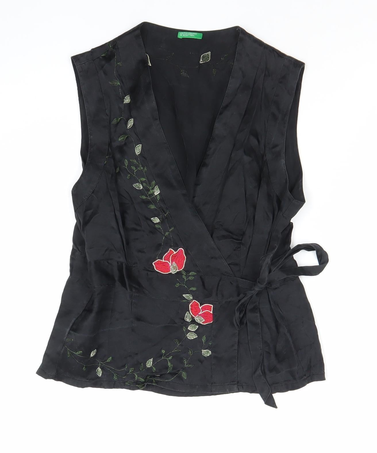 United Colors of Benetton Womens Black Silk Embroidered Wrap Blouse S