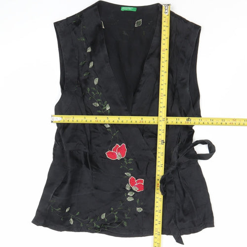 United Colors of Benetton Womens Black Silk Embroidered Wrap Blouse S