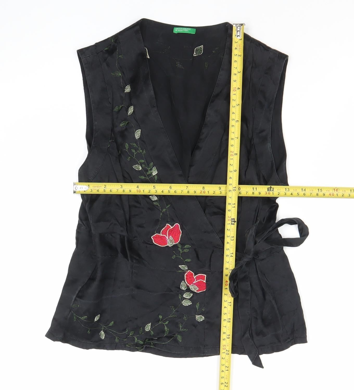 United Colors of Benetton Womens Black Silk Embroidered Wrap Blouse S