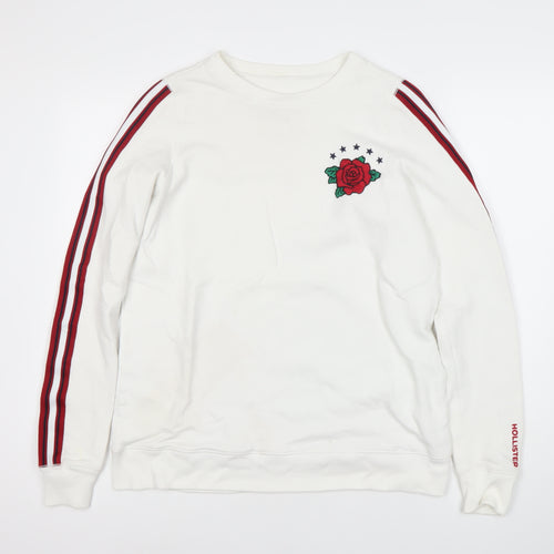 Hollister Men's White Sweatshirt S Pullover Crew Neck Rose Embroidered