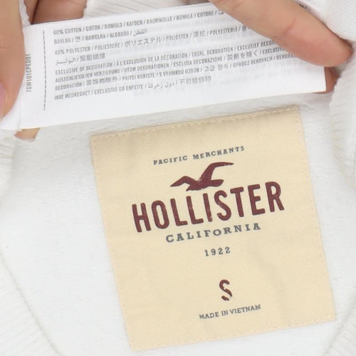 Hollister Men's White Sweatshirt S Pullover Crew Neck Rose Embroidered